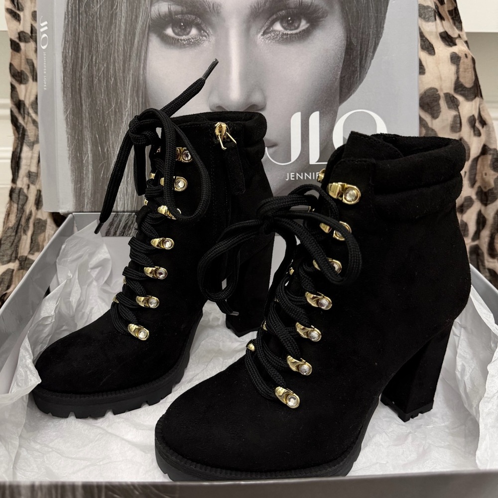 Jennifer Lopez Black Lace-Up Boots with Gold Details